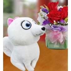 18cm Snow-White Puppy & 3 Red Roses Standing Bouquet