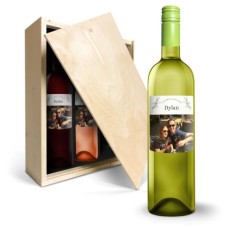 Wine Gift set with personalized label and wooden box - Oude Kaap (Wooden box with print)
