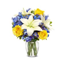 Rosy Sunshine Bouquet With Glass Vase