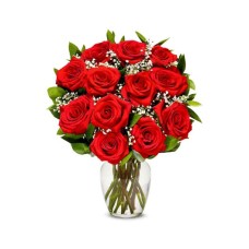One Dozen Red Roses With Glass Vase
