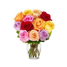 One Dozen Rainbow Roses With Glass Vase