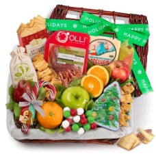 Holiday Tidings Deluxe Gourmet Gift Basket with Happy Holidays Gift Ribbon