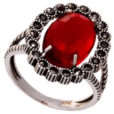 Sterling Silver Faceted Large AMETHYST CZ Cab Marcasite Ring
