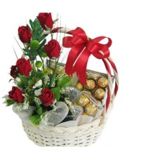 Basket Of Free Roses With 2 Boxes Of Ferrero Rocher Chocolates