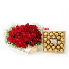24 Red Roses Bouquet With 24pcs Of Ferrero Rocher Chocolates