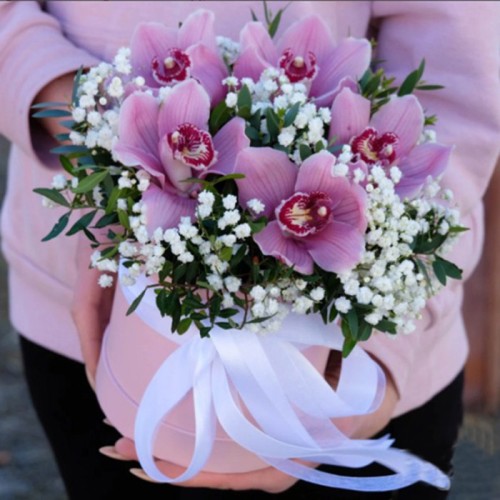 Orchids in hat box 