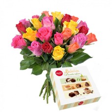 Multicolored Roses And Chocolates 