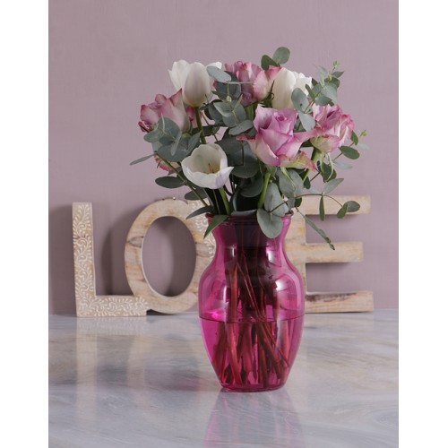Mothers Day Tulips And Roses In Pink Vase