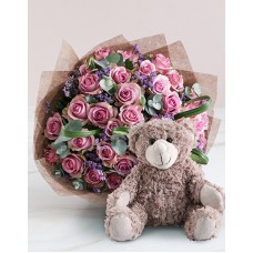 Lovely Lilac Rose Bouquet And Teddy