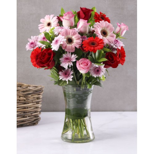 Pink and Red Gerberas, Roses and Sprays in Vase (Small)