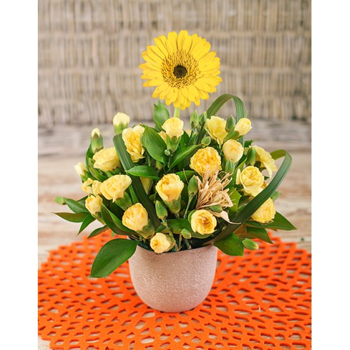 Gerbera Among Mini Carnations In Petite Vase