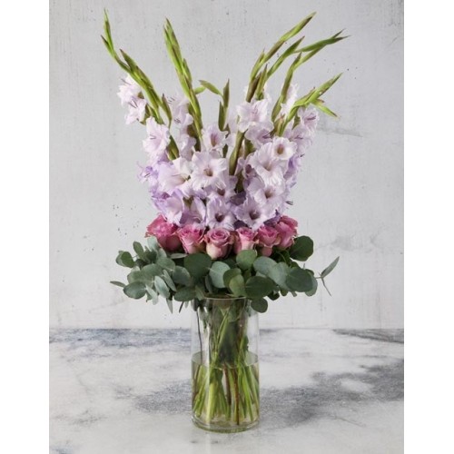 Purple Gladioli with Roses and Gum Leaves