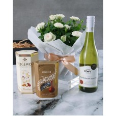 White Rose Bush With Chocs And Wine