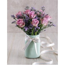 Lilac Roses In Mint Ceramic Vase