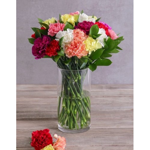Mixed Carnations In A Tall Glass Vase (Standard)