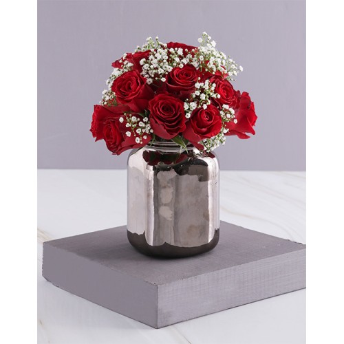 Tender Red Roses In Bronze Vase