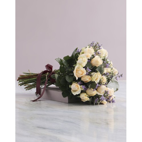 Cream Rose And Burgundy Ribbon Bouquet (Small)