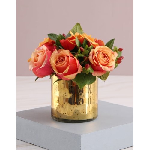 Cherry Brandy Roses in Golden Vase