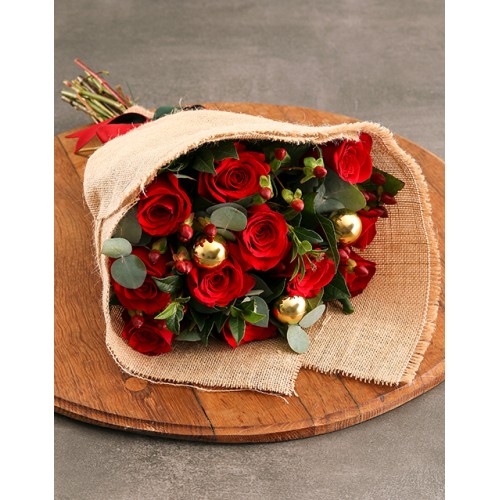 Red Roses with Golden Baubles (12 Roses)