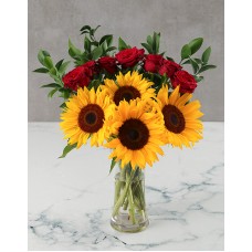 Sunflowers and Red Roses in Glass Vase