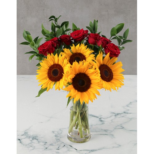 Sunflowers and Red Roses in Glass Vase
