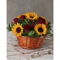 Cheerful Sunflowers and Roses in Wooden Basket