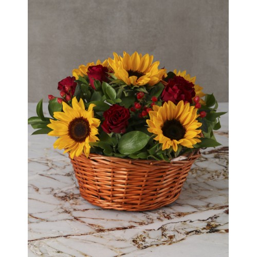 Cheerful Sunflowers and Roses in Wooden Basket