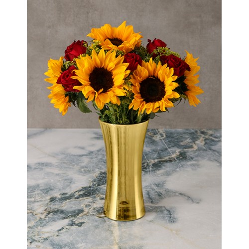 Glowing Sunflowers and Roses in Golden Vase