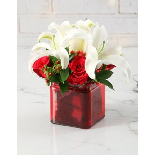 Red And White Rose And Lily Arrangement (Standard)