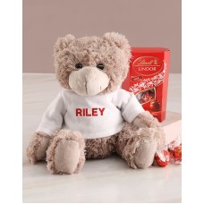 Personalised Teddy In Red And Lindt Hamper