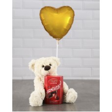 Cream Teddy And Gold Balloon Hamper (Bubbles)