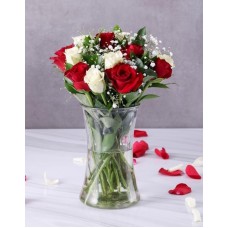 Red and White Roses in Clear Vase (12 Roses)