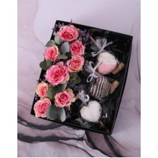 Variegated Roses And Heart Chocolates In Box