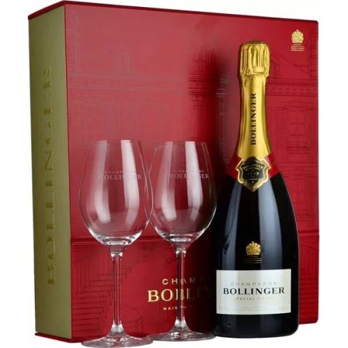 Bollinger Special Cuvee 75cl with 2 Elizabeth Glasses in Red Box