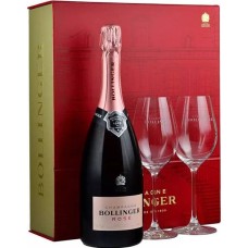 Bollinger Rose NV Champagne 75cl with 2 Elizabeth Glasses in Red Box