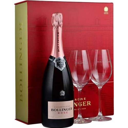 Bollinger Rose NV Champagne 75cl with 2 Elizabeth Glasses in Red Box