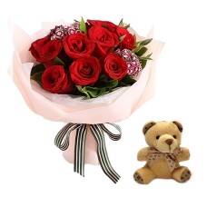 Half Dozen Roses with Small Bear