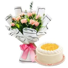 12 Pink Roses with Red Ribbon Cake
