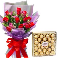 12 Red Roses bouquet with 24 pcs Ferrero chocolate#1