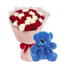 24 Red, White Roses Bouquet with Blue Bear