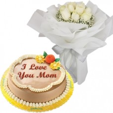 9 White Roses with Classic Mocha Chiffon Cake