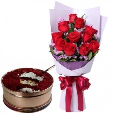 12 White Roses with Dark Forest Torte Can Cake