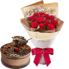 12 White Roses with Dark Forest Torte Can Cake