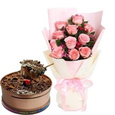 12 Pink Roses with Dark Forest Torte Can Cake