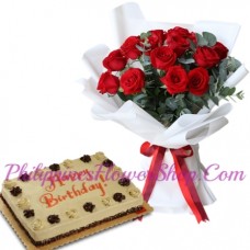 12 White Roses with Dark Forest Torte Can Cake