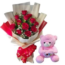12 Red Roses with Pink Bear