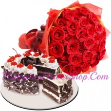 24 Red Roses with Black Forest Cake by Red Ribbon (Regular Size)