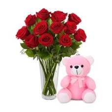 12 Red Roses Vase & Pink Teddy Bear
