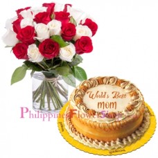 24 Roses Vase with Mother's Day Caramel Cake