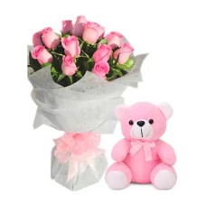 12 Pink Roses with Lovable Bear